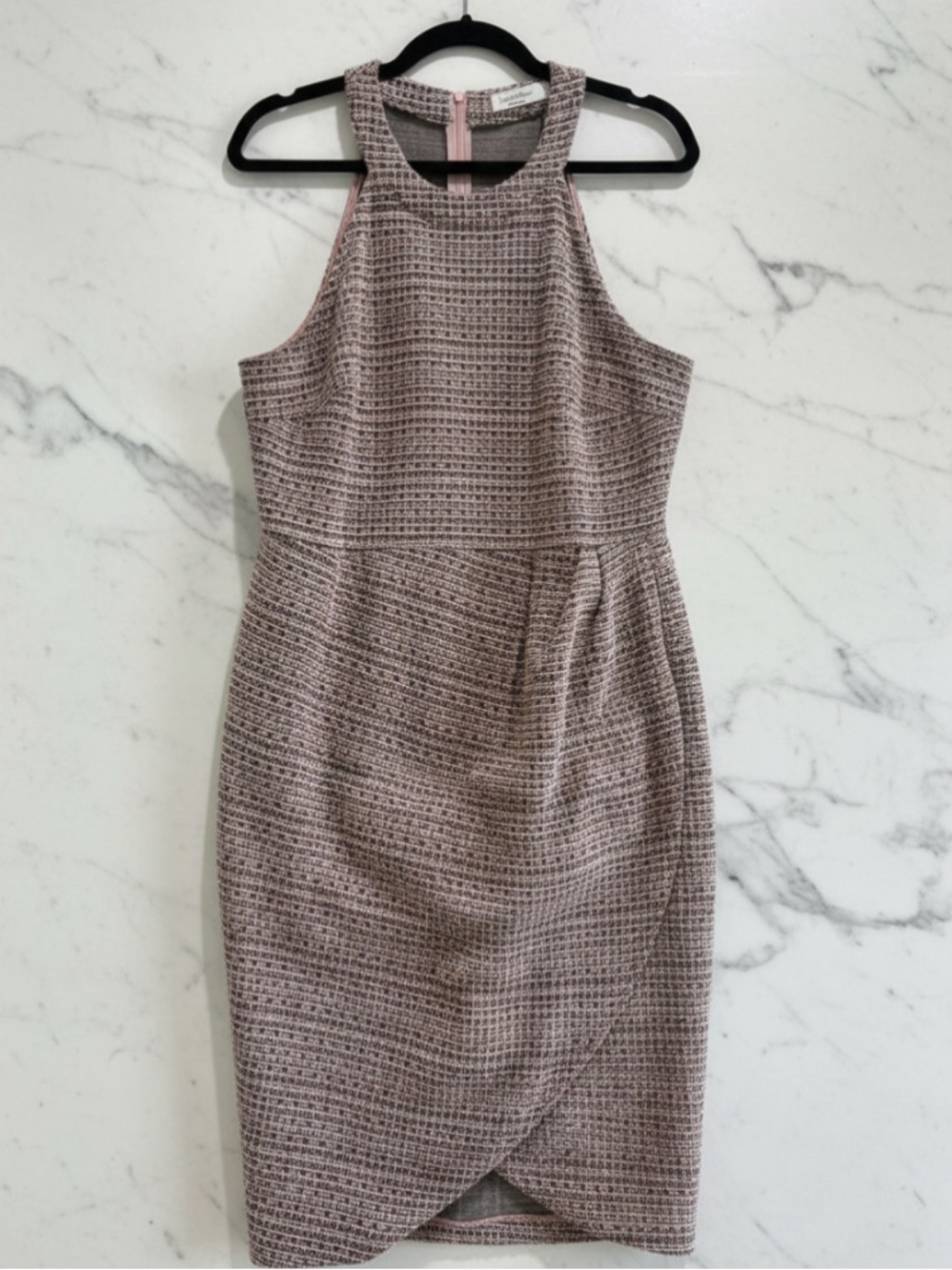 High-Neck Textured Midi Dress in Taupe